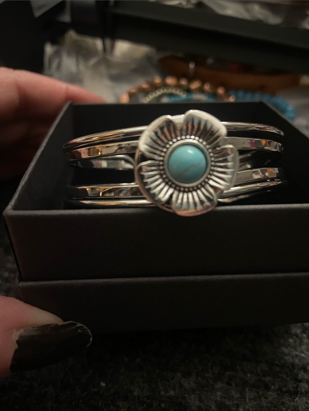 Sterling Silver Flower Cuff Bracelet with Turquoise Center